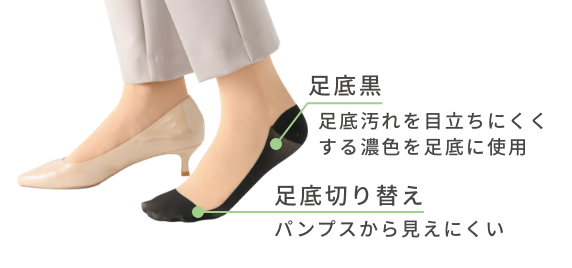 足底黑足底汚れを目立ちにくくする濃色を足底に使用 足底切り替えパンプスから見えにくい