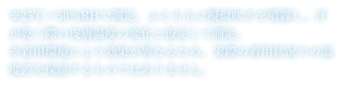 ※25℃×50％RHで測定。ふとももに擬似吹きを噴霧し、汗が乾く際の皮膚温度の変化と仮定して測定。※着用環境により効果が異なるため、実際の着用状況での温度差を保証するものではありません。